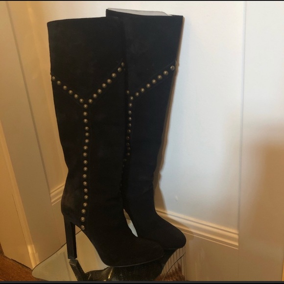 Saint Laurent Black Suede Studded Tall boots Size 7 - Picture 1 of 5